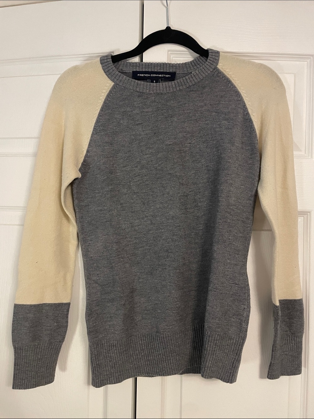 French Connection Grey Body Cream Raglan Crewneck Sweater
